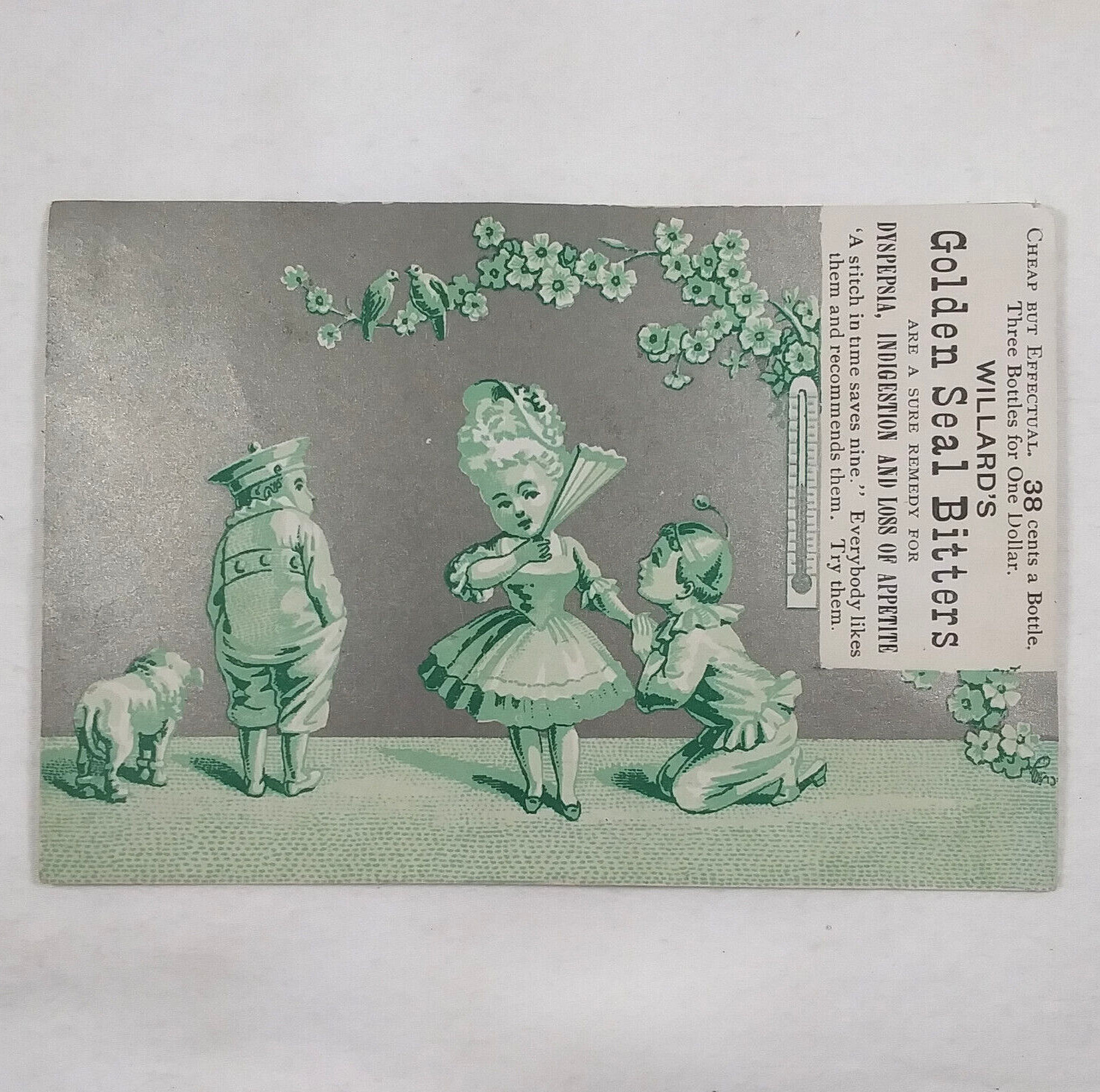 Trade Card Boy Kneeling Wooing Girl With Fan Willard’s Golden Seal Bitters 1880s