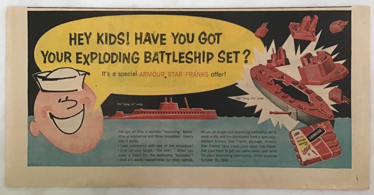 1960 Sunday comic ad page for Armour Star Franks – exploding Battleship offer
