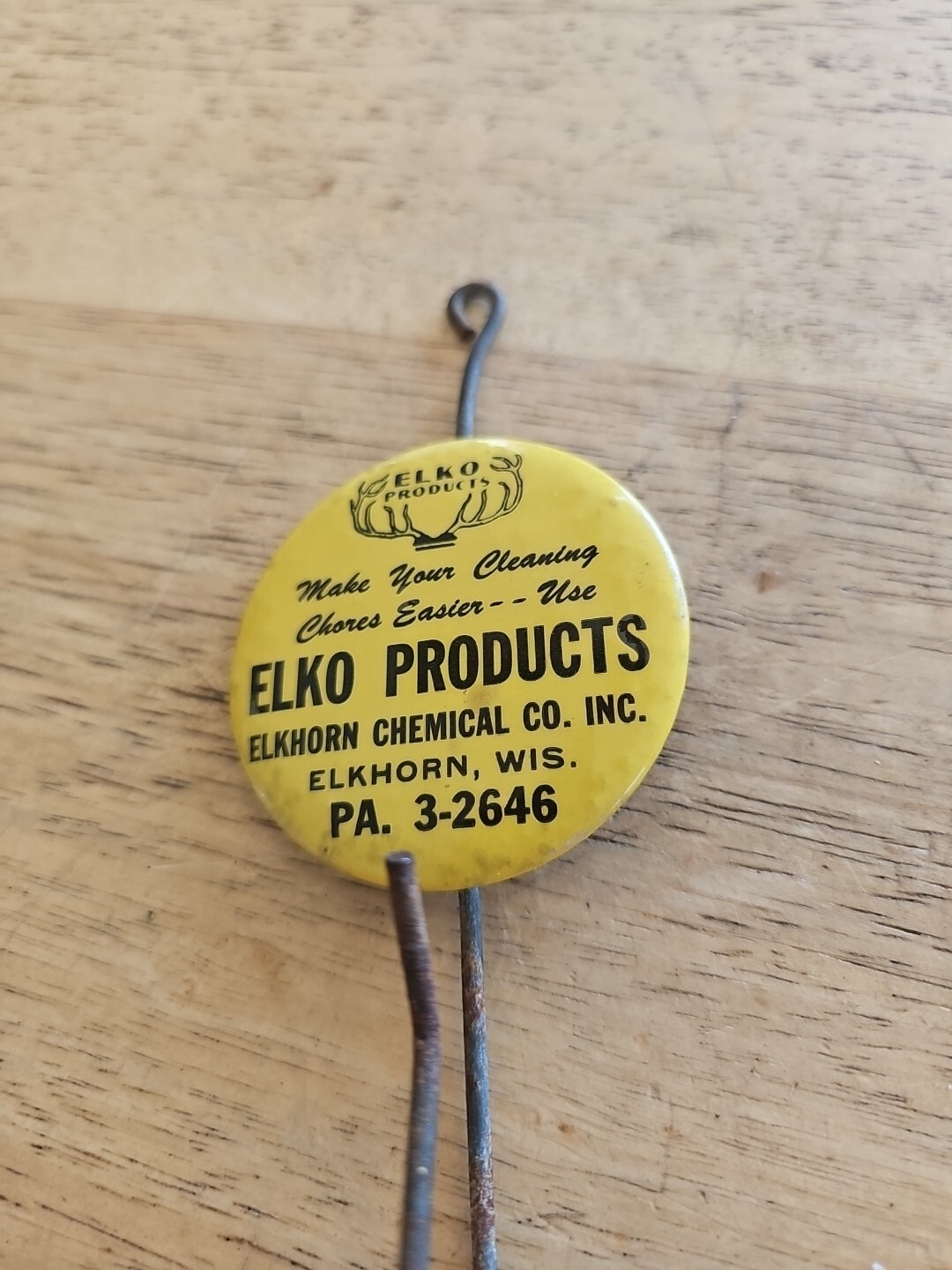 Old Advertising Receipt Hook Bill Holder, Elko Products. Elkhorn Wis. PA. 3-2646