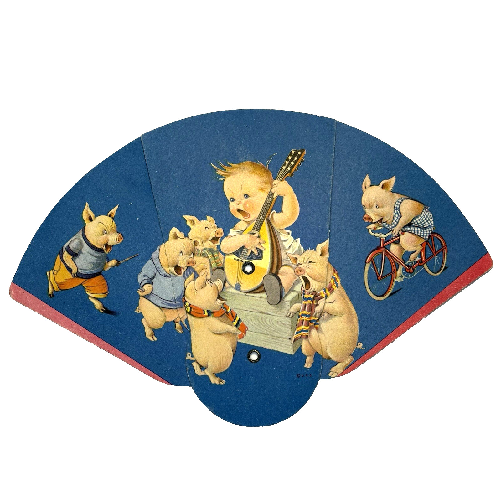 Vintage Tri Fold Advertising Cardboard Fan Boy Playing Madolin With Pigs Bike