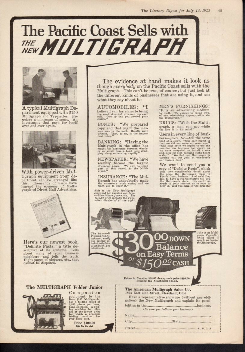 Vintage advertising print Office Multigraph Print Pacific Coast Sells 1923 ad