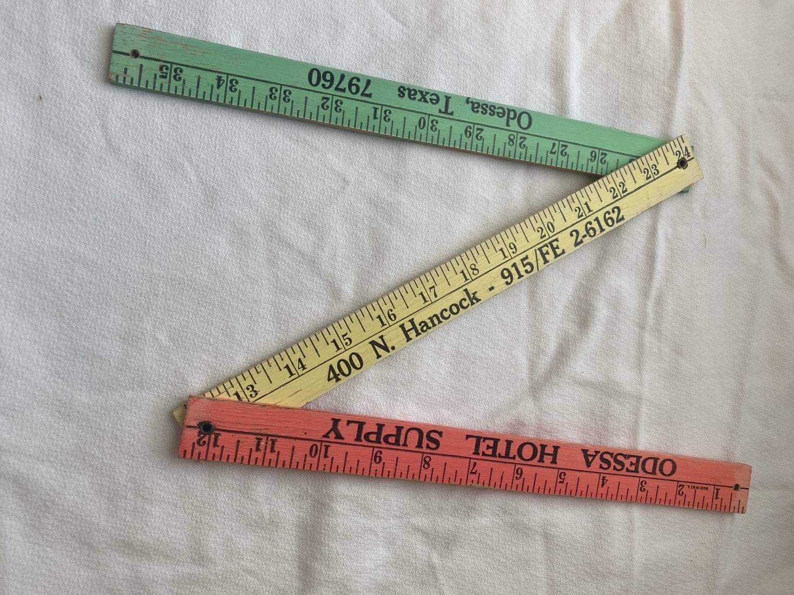 VTG Odessa Hotel Supply Advertising Folding Wood Yardstick Pink Yellow Ruler