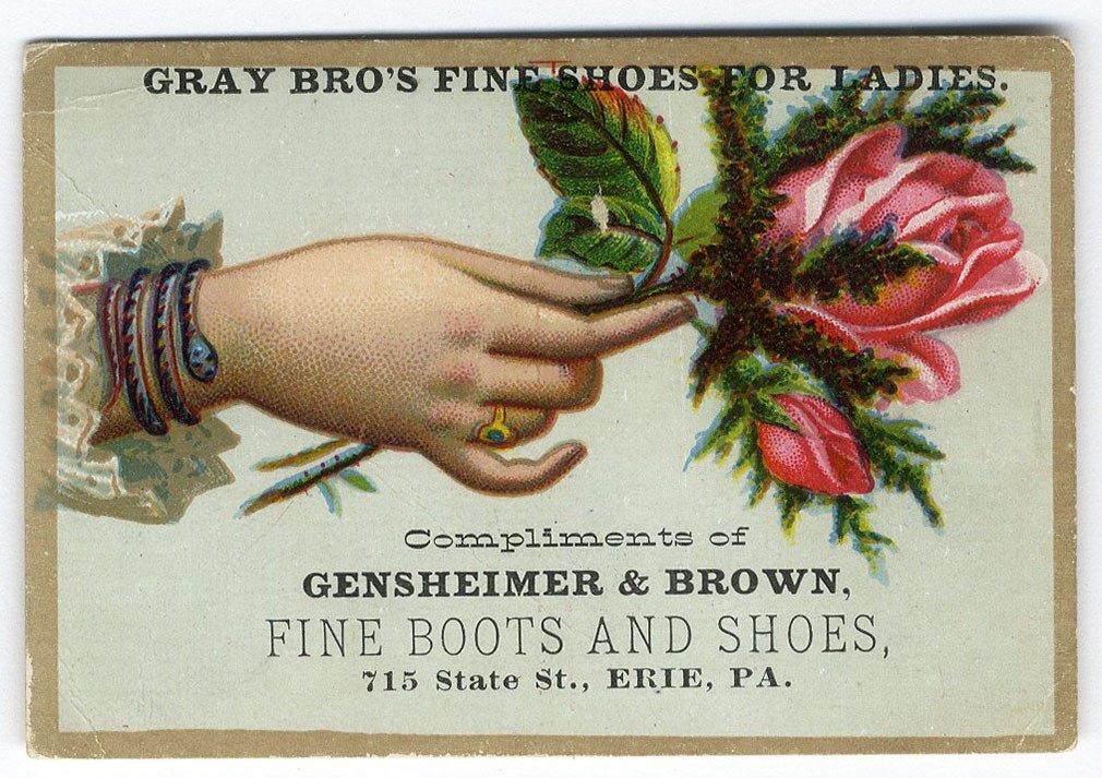 Erie PA BOOTS SHOES Gray Bros VICTORIAN Trade Card 1880’s Gensheimer & Brown
