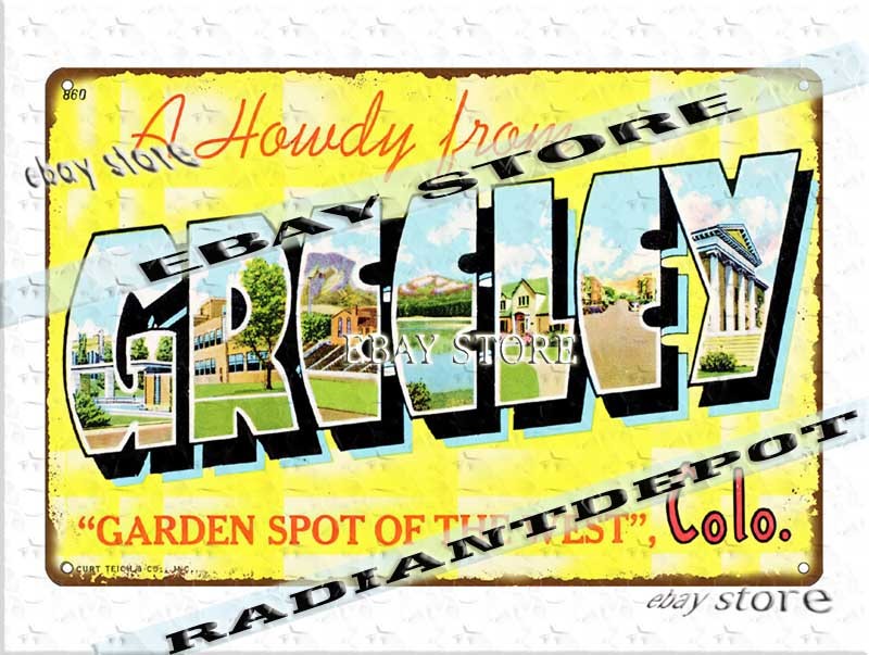 Tin Sign 1941 Greetings from Greeley Colorado vintage postcard kitchen decor