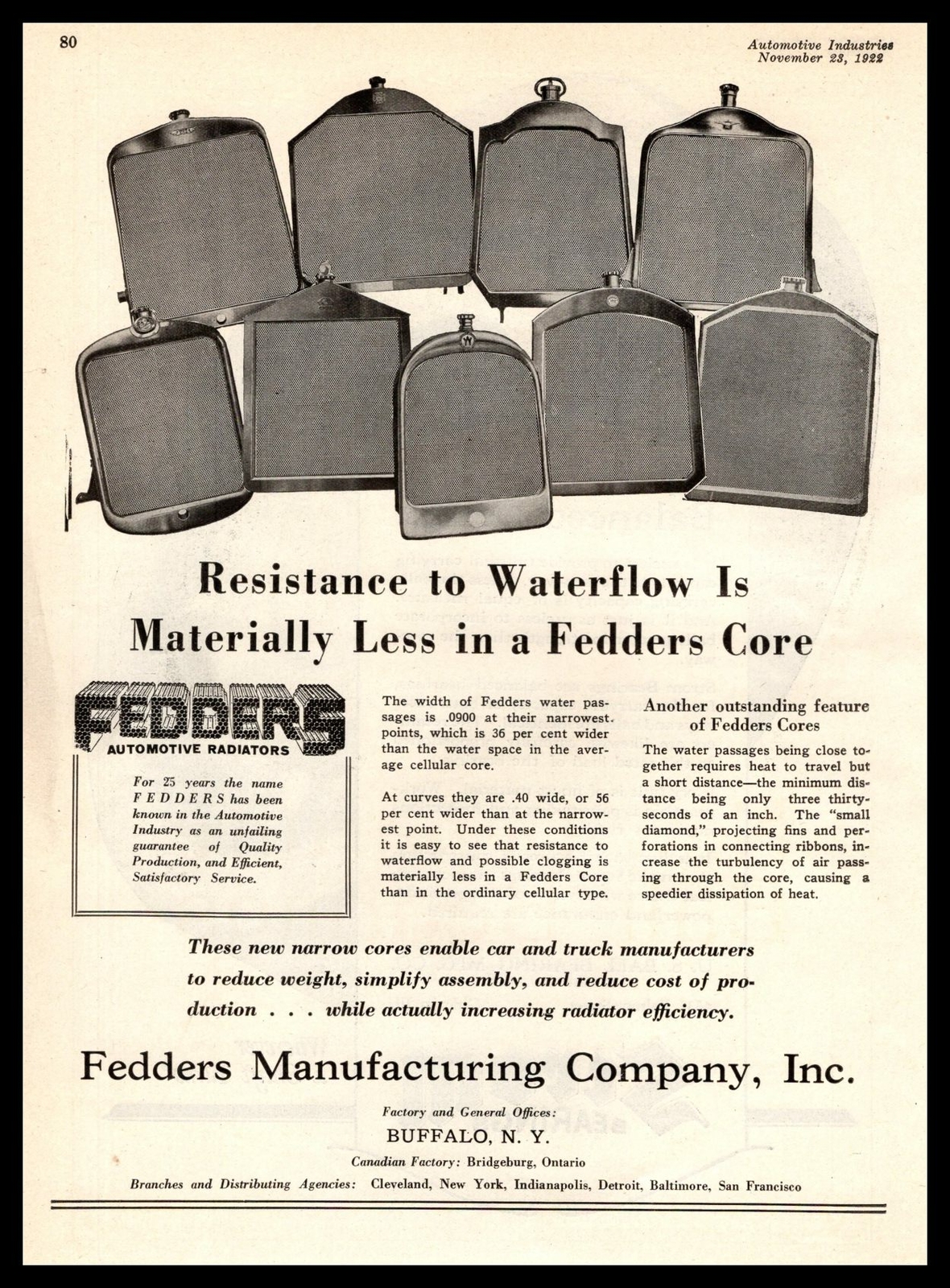 1922 Fedders Manufacturing Co. Buffalo New York Truck Radiators Vintage Print Ad
