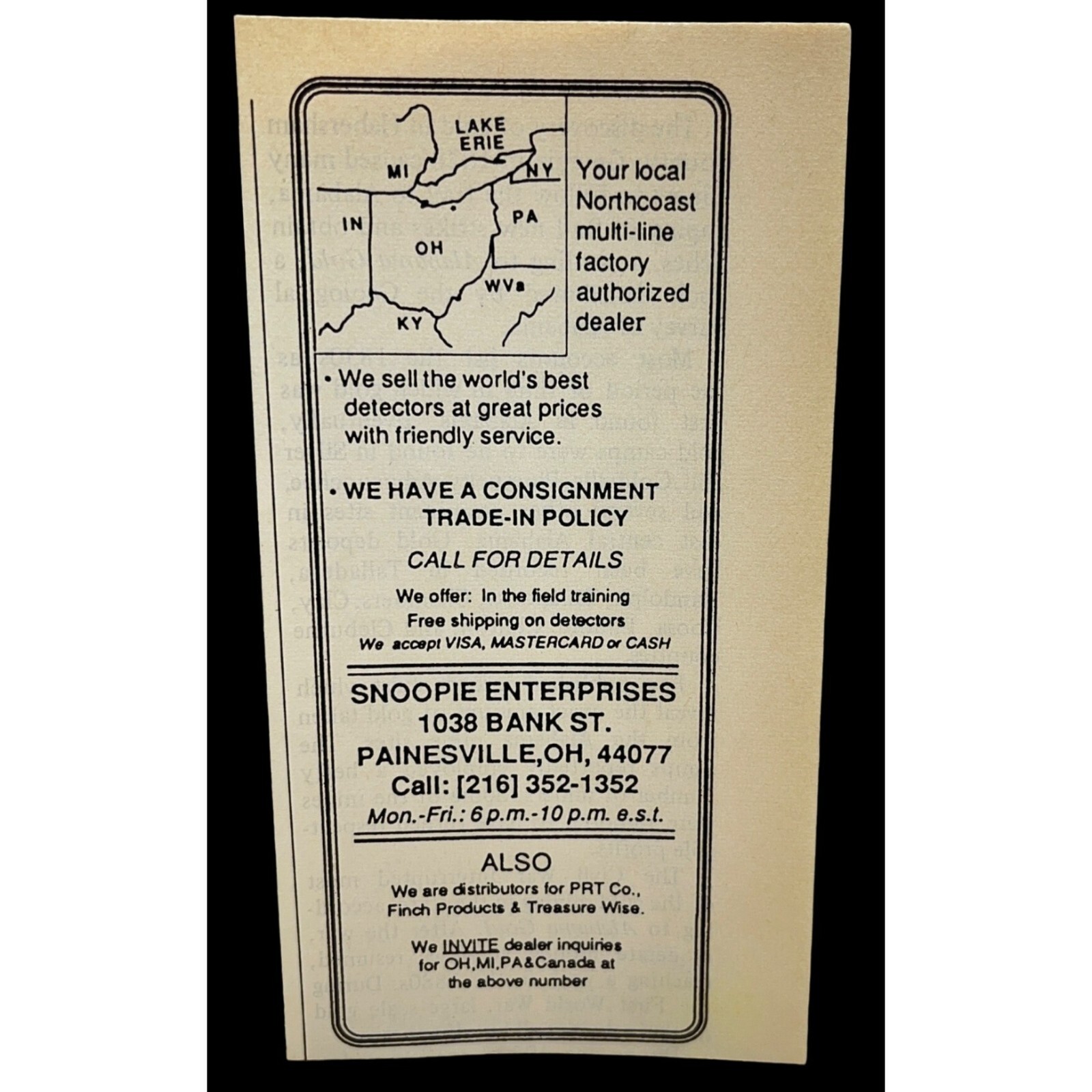 Snoopie Enterprises Vtg Mini Print Ad 1980s Gold Metal Detecting Painesville OH