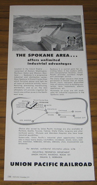 1951 Vintage Ad Union Pacific Railroad Spokane,WA Area Grand Coulee Dam
