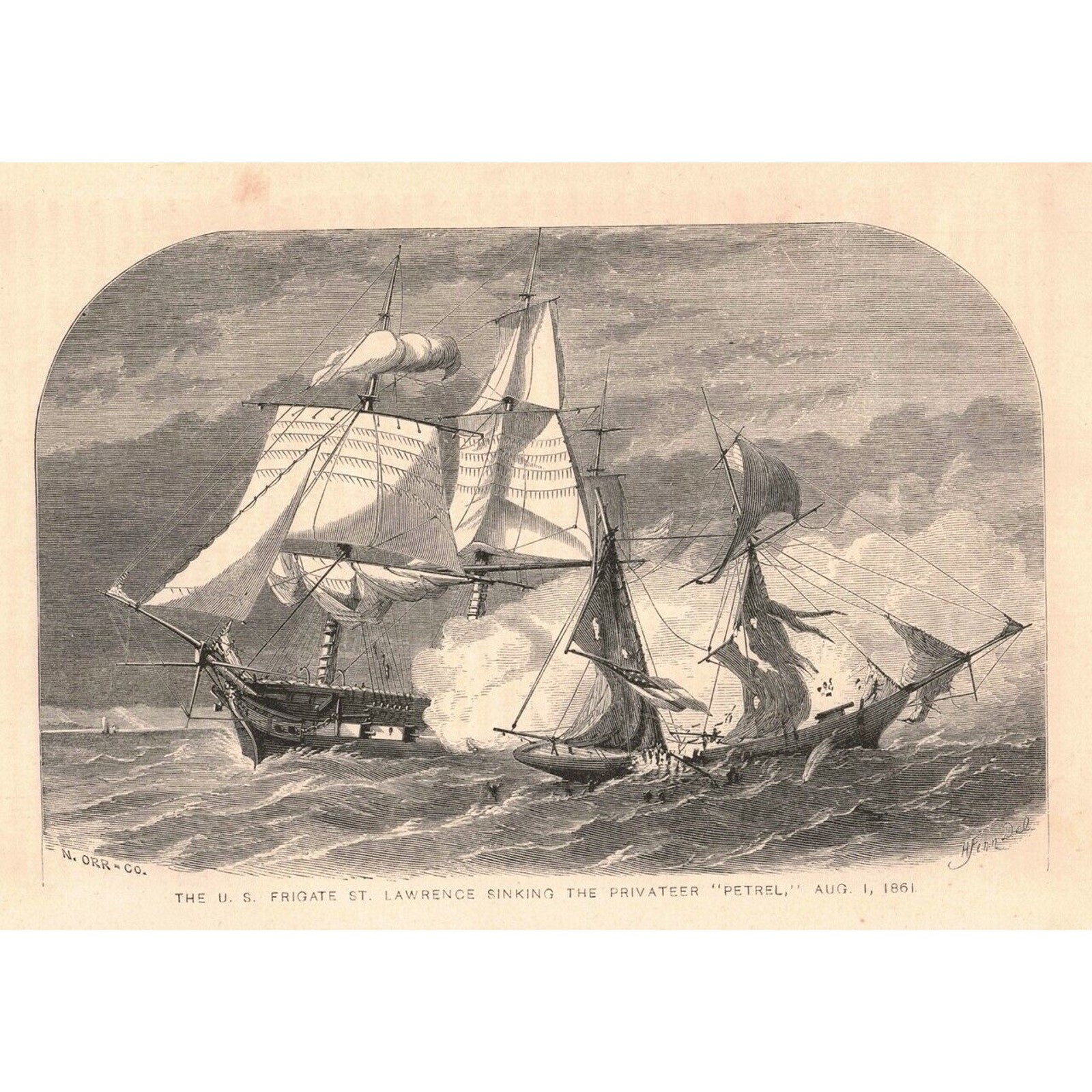 1864 U.S. Frigate Sinking Privateer Petrel Original Engraving H. Fenn 2P1-13 et