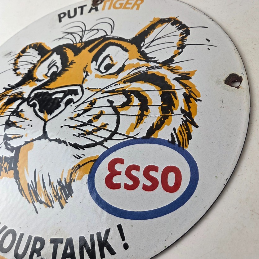 Vintage Esso Gasoline Sign – Tiger Auto Tank Gas Station Porcelain Sign