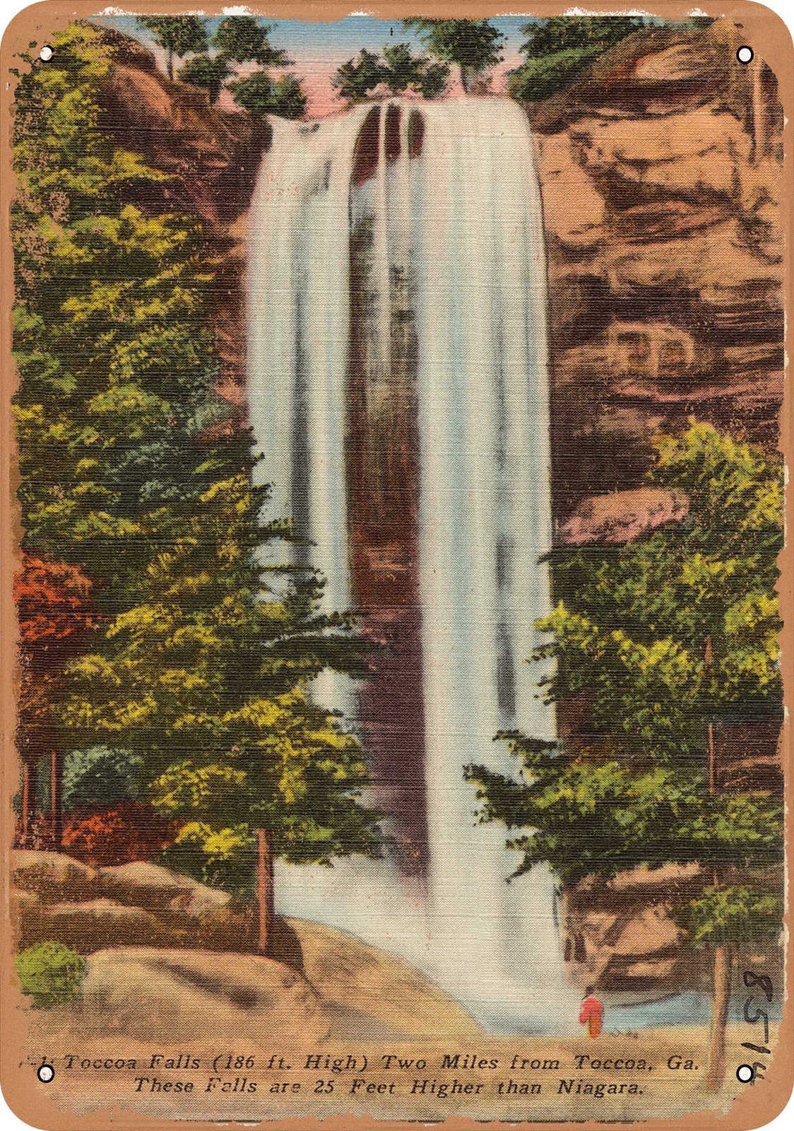 METAL SIGN – Georgia Postcard – Toccoa Falls (186 ft. high) two miles from Tocc