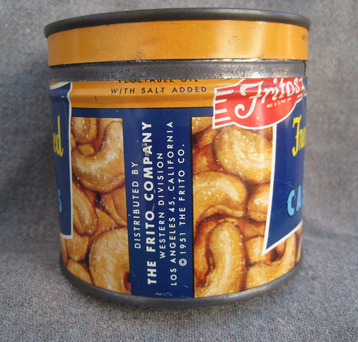 VINTAGE 1951 FRITO CO. (FRITOS CORN CHIPS) FRENCH FRIED CASHEWS TIN KEY-WIND CAN