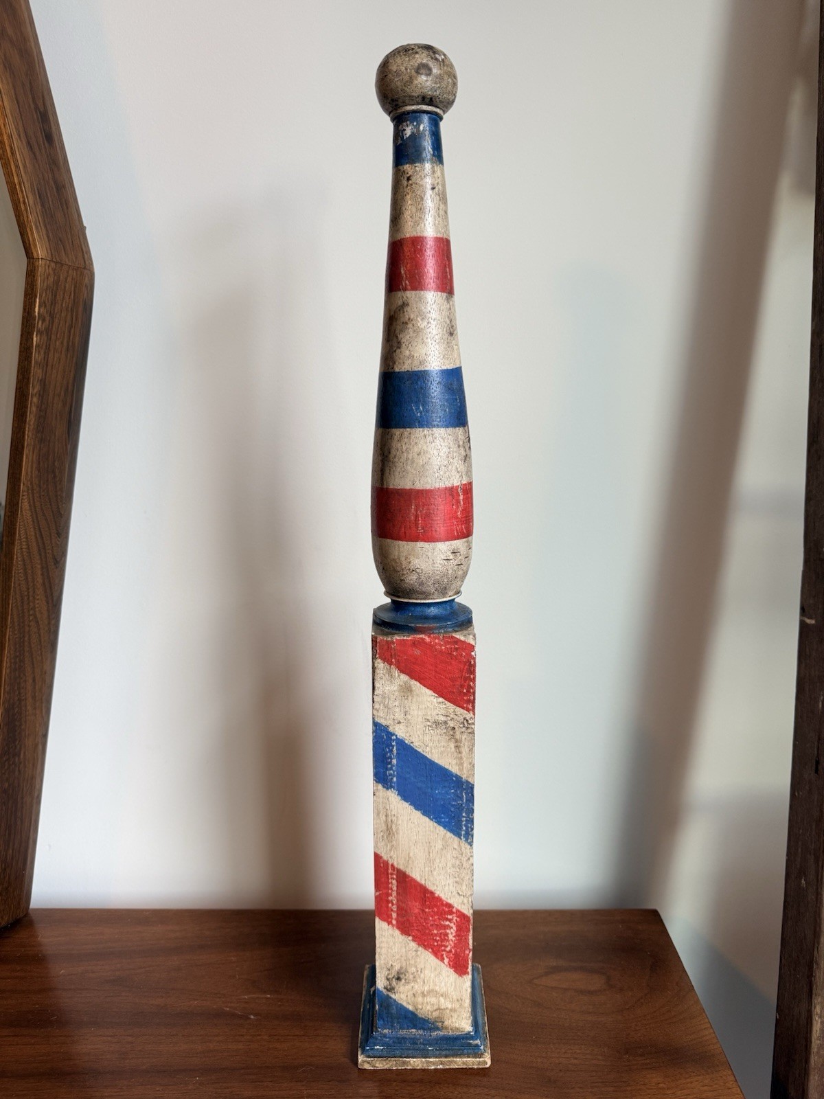 Antique Wooden Barber Pole Trade Sign 27.5” Hand Carved Folk Art Americana