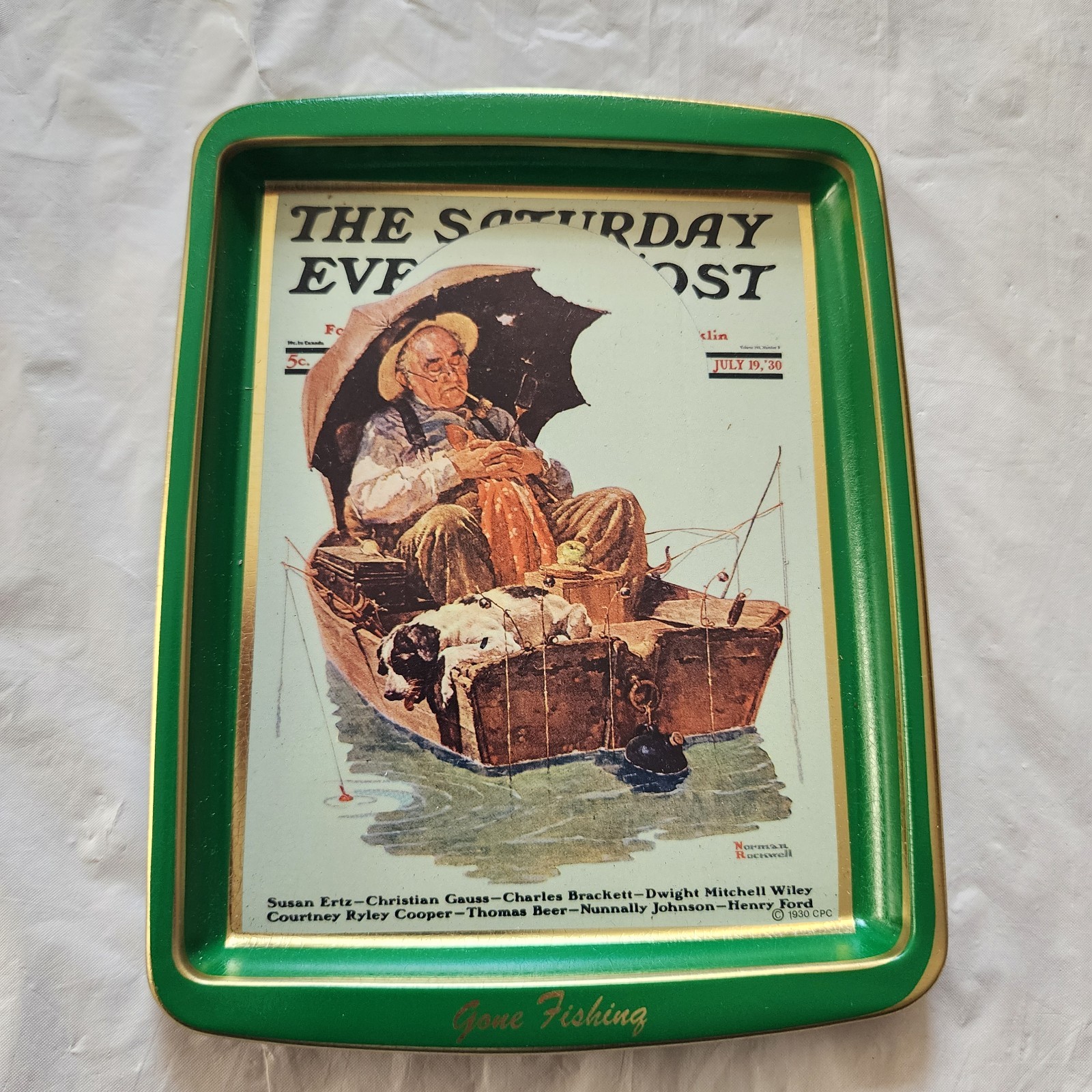 Vintage Norman Rockwell Gone Fishing Tin Tip Tray Saturday Eve Post