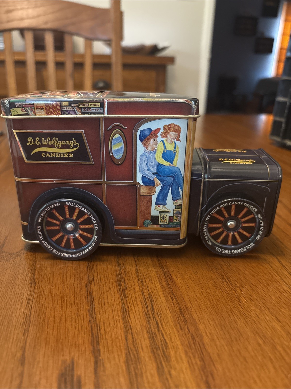 Vintage Wolfgang’s Candies Tin Truck Coin Bank w/Moving Wheels