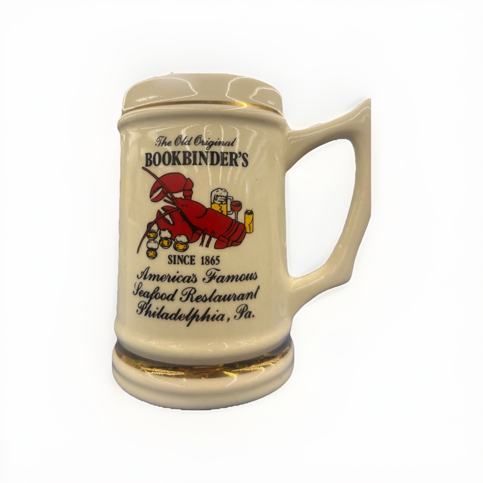 Old Original Bookbinder’s Large Ceramic Souvenir Gold Rimmed Stein Philadelphia