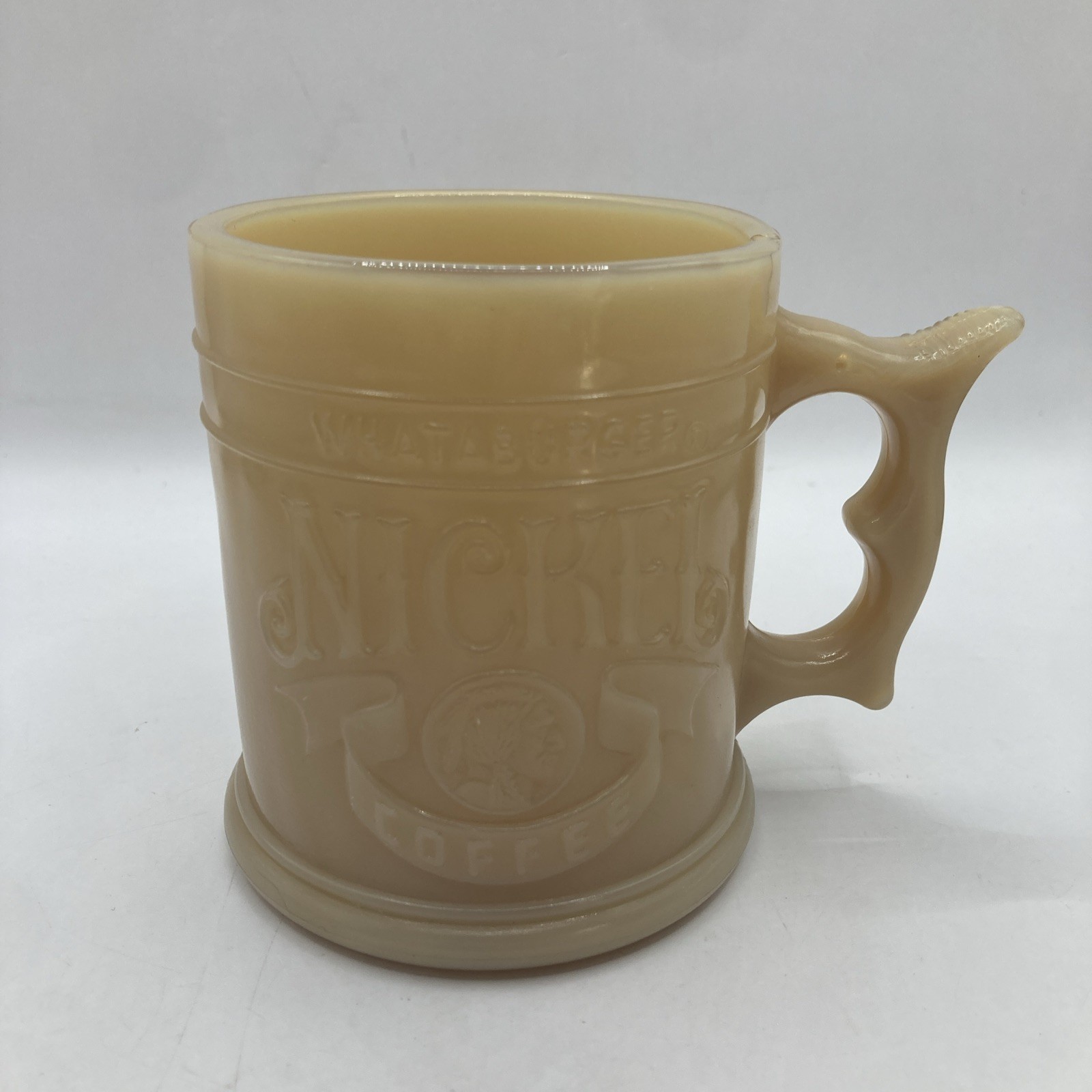Vintage Whataburger Buffalo Nickel Coffee Mug 1980’s Butterscotch Milk Glass