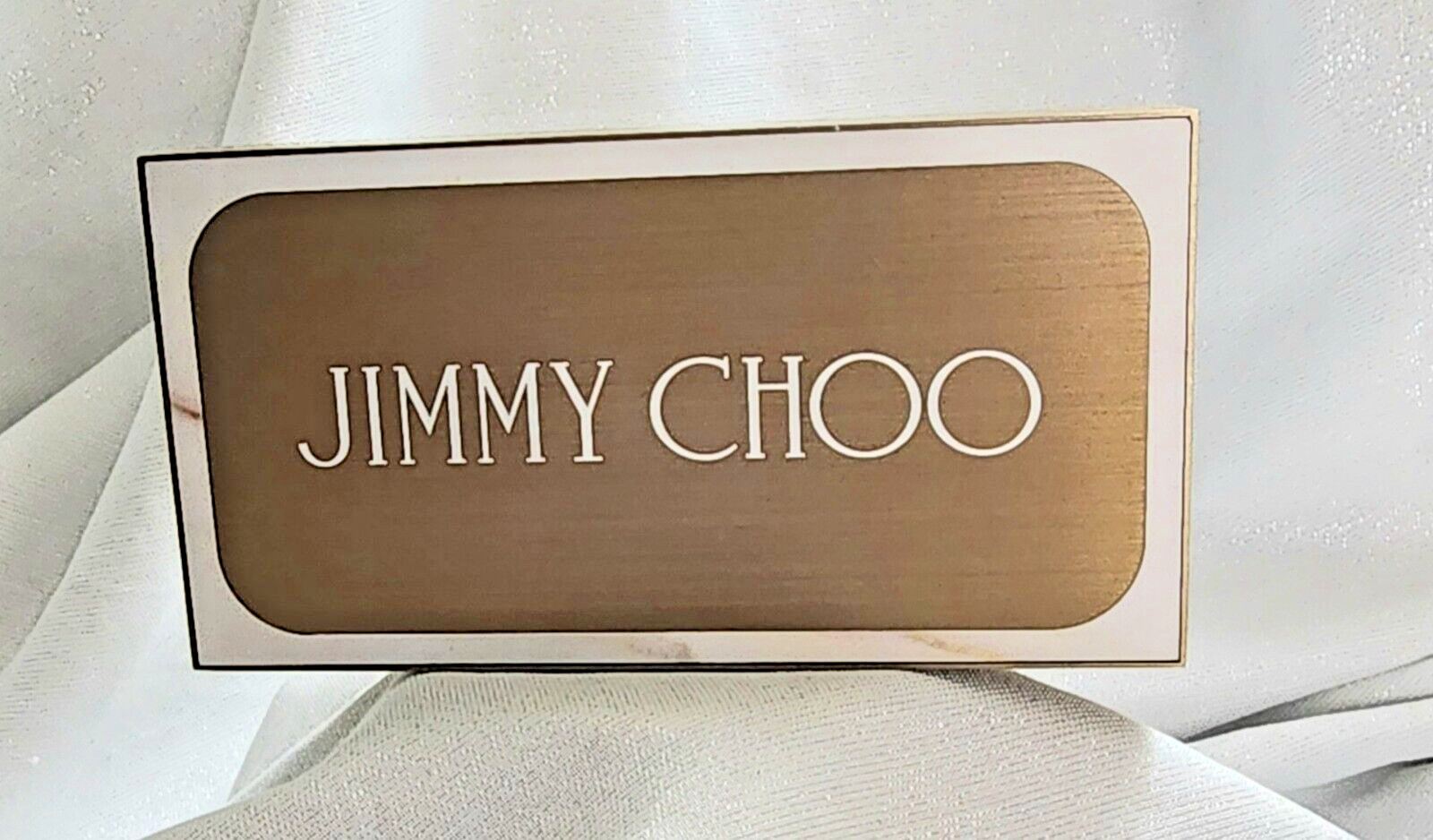 JIMMY CHOO LOGO Store Sign Brushed Gold Metal Trim w/ Marble look Frame 7″x3-3/4