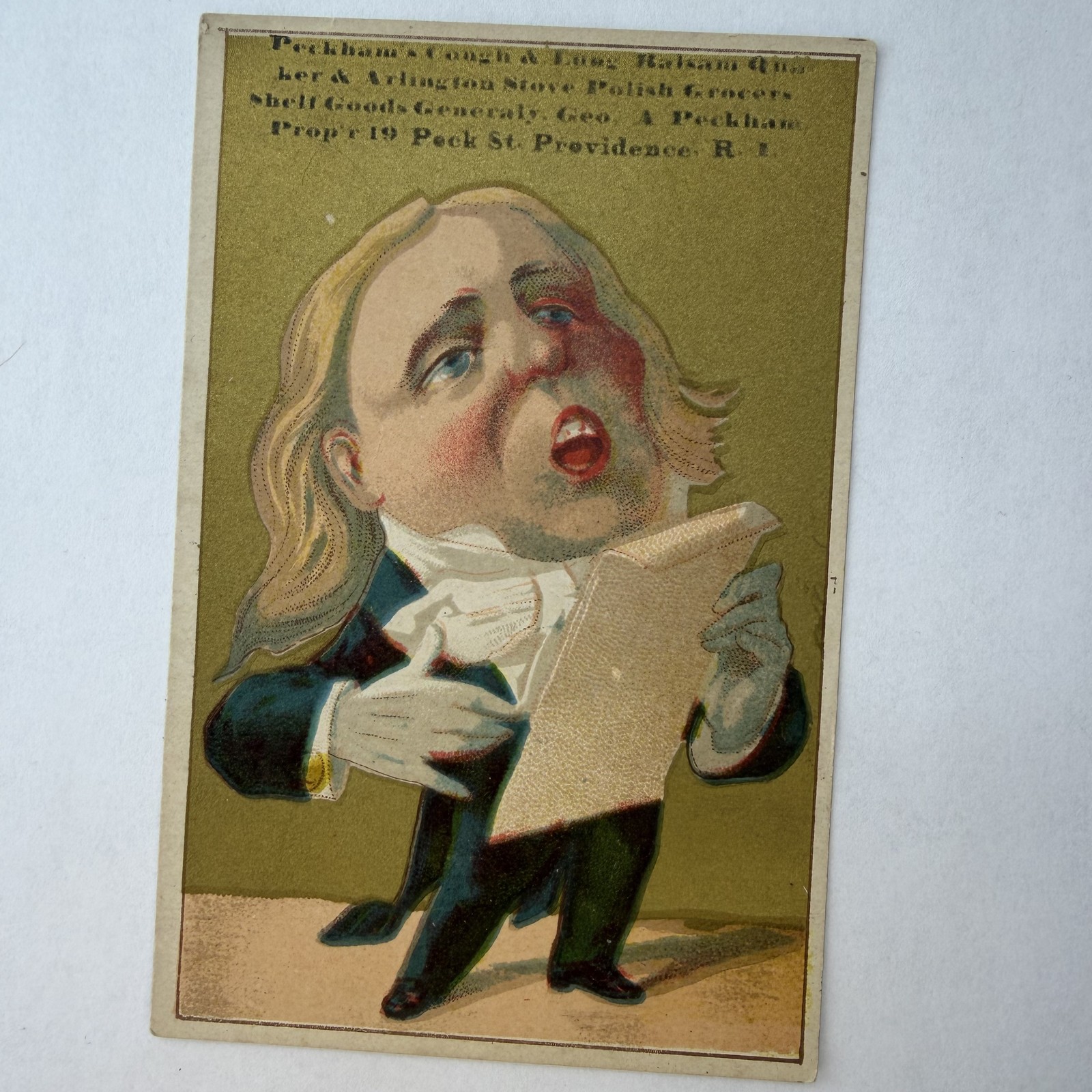 Providence RI Geo Peckham Cough Balsam Stove Polish Caricature Singer Trade Card