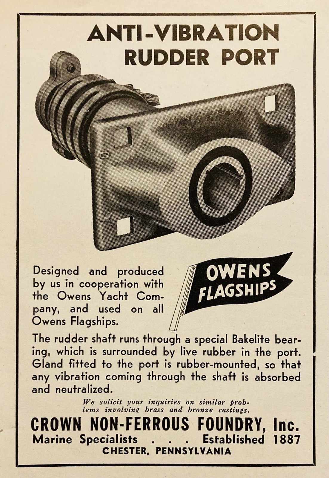 1948 AD.(N33)~CROWN FOUNDRY CO. CHESTER, PA. ANTI-VIBRATION RUDDER PORT