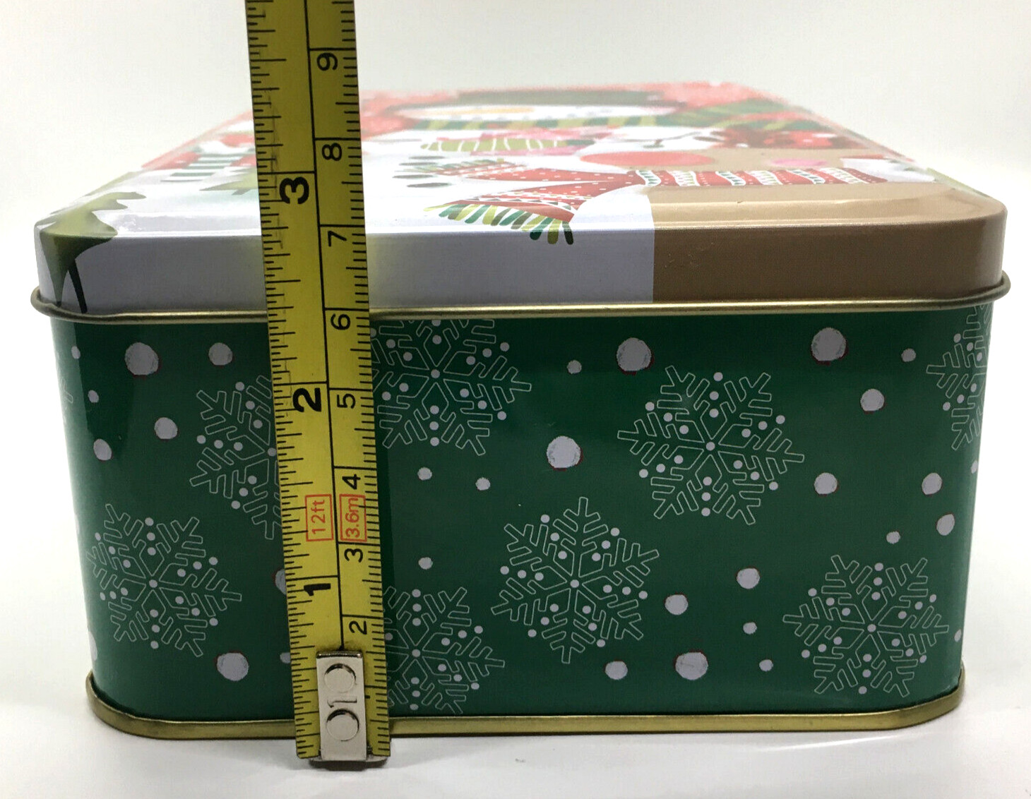 Collector JOY Holiday Tin Snowman Reindeer in Scarves Greenbrier Int. 7.5 x 5 in