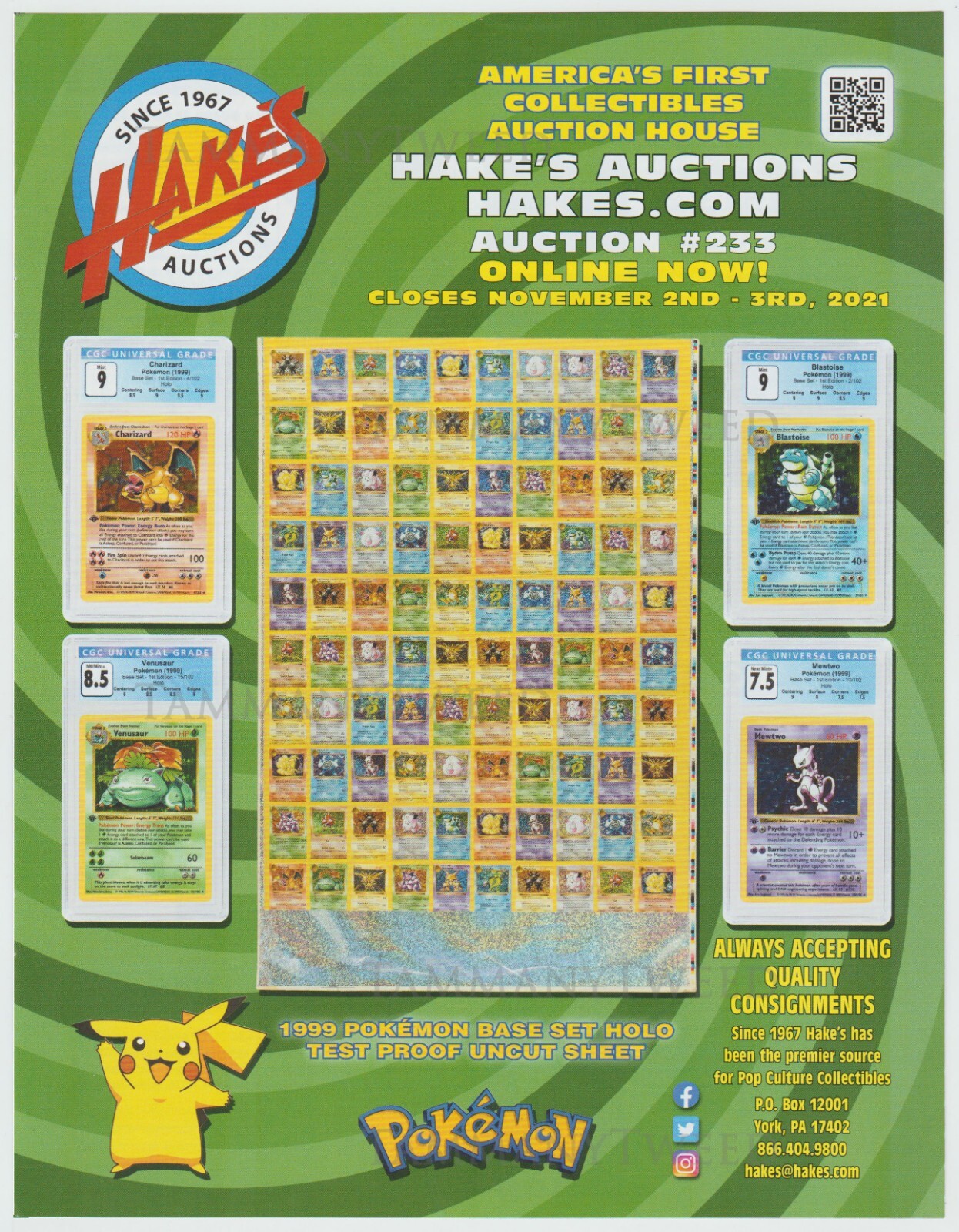 Pokemon Cards & Hake’s – 1999 Base Set Holo Proof Sheet Print Ad Advertisement