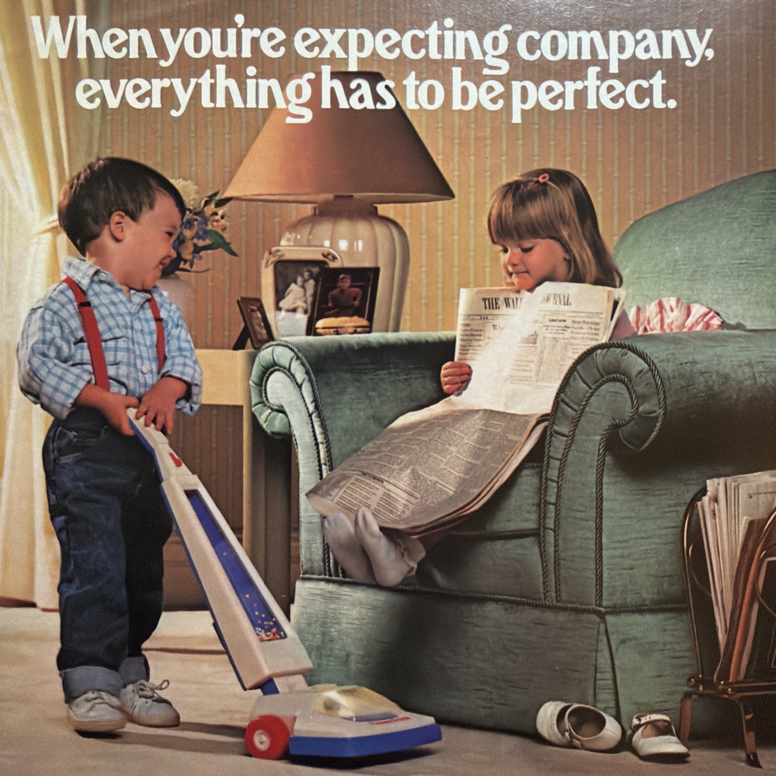 1989 Fisher Price Toys PRINT AD Magic Vac Boy Vacuums Girl Reads Paper Vtg 80s