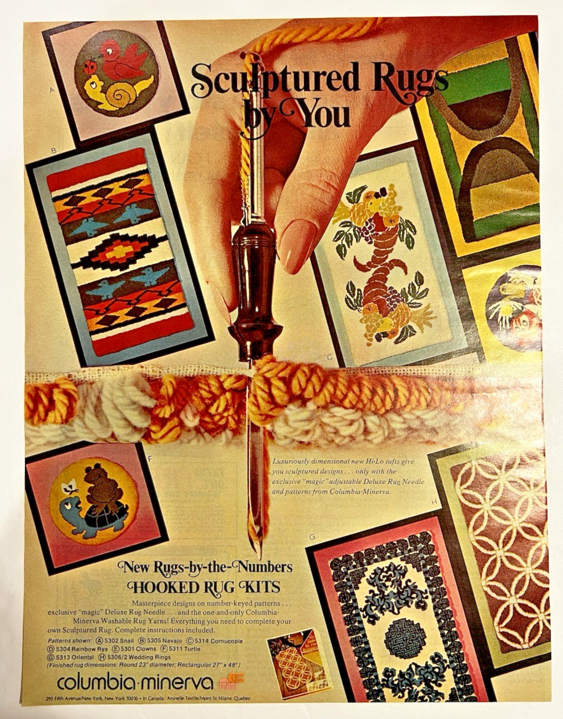 Vintage 1970s Ad Columbia Minerva New Rugs-By-the-Number Hooked Rug Kits