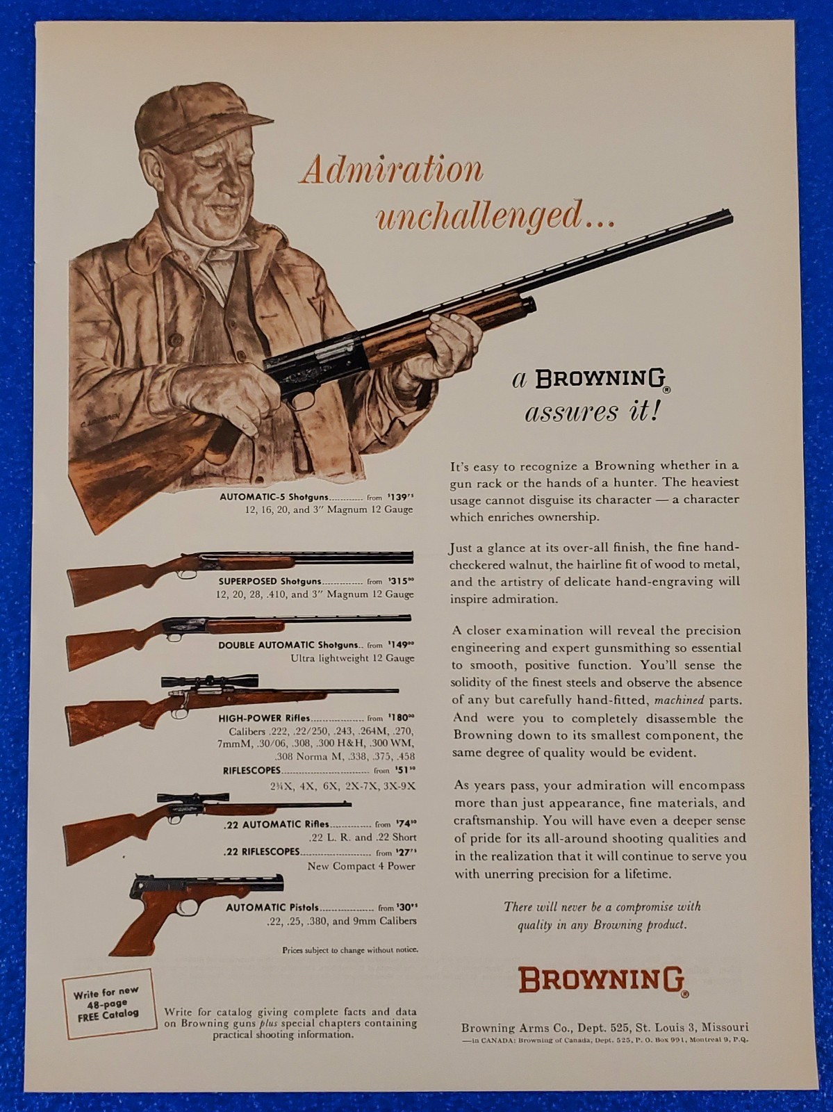 1963 CLASSIC BROWNING PISTOLS, RIFLES AND SHOTGUNS VINTAGE USA FIREARM PRINT AD
