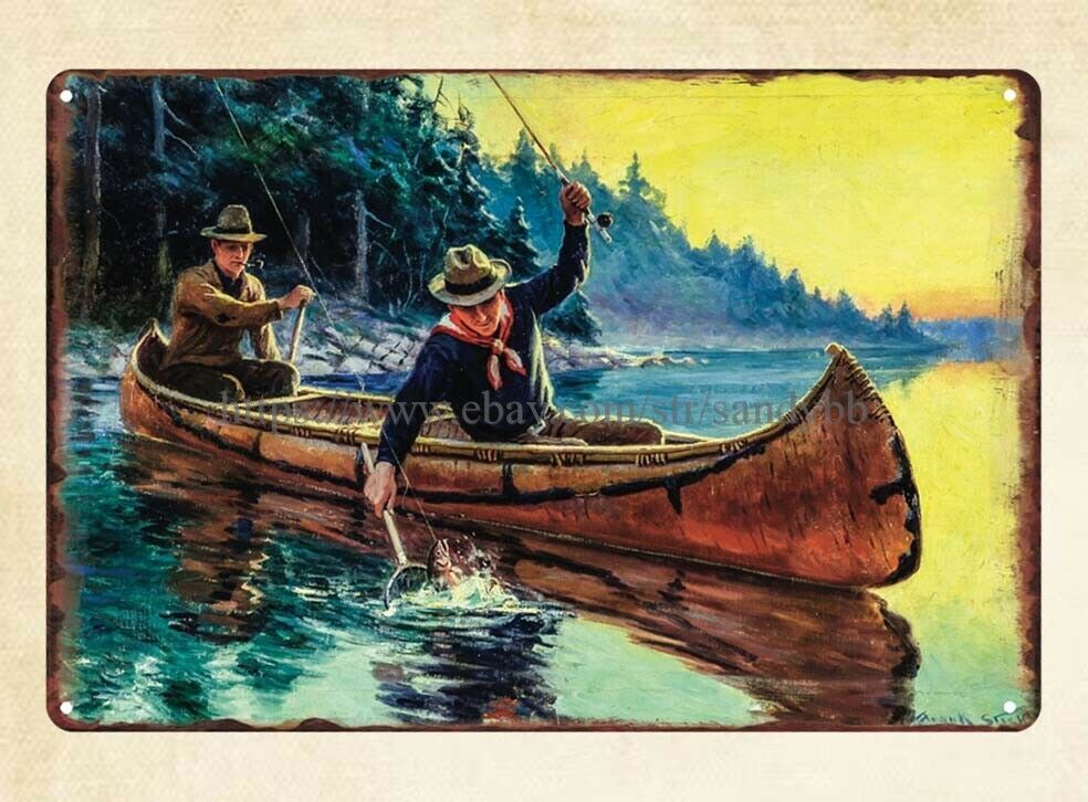 inexpensive home decor Frank Stick painting fishing canoe metal tin sign