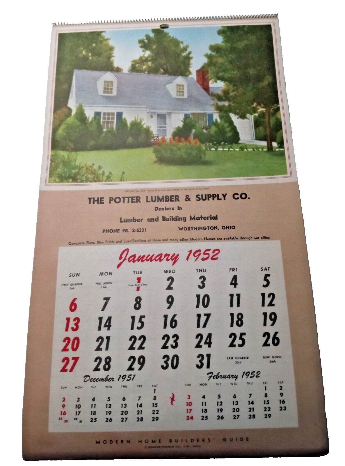 Porter Lumber & Supply Co Worthington Ohio 1952 Calendar Home Plans to Build