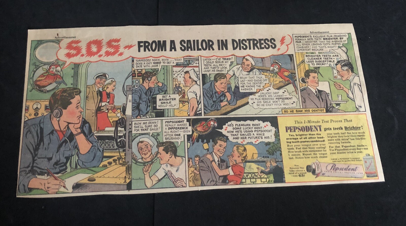 1950’s Pepsodent Tooth “Parrot Sailor In Distress”Newspaper Comic Print Ad 2D23