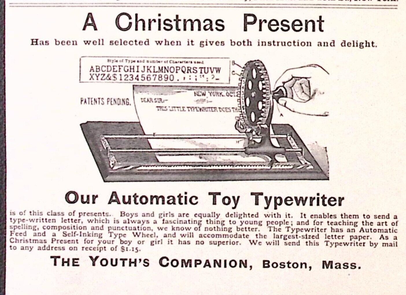 1891 Automatic Toy Typewriter for Christmas Youth’s Companion Print Ad 3.5 x 5″