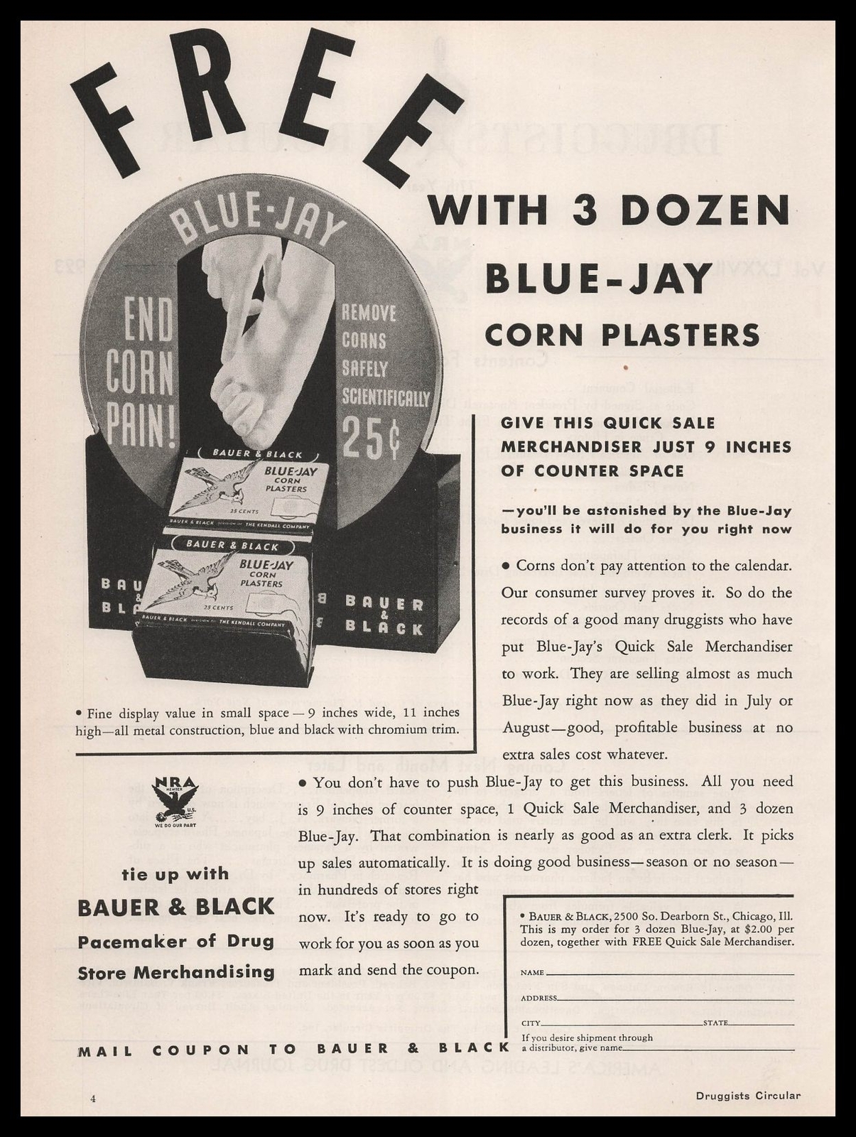 1933 Bauer & Black Blue Jay 25¢ Corn Plasters Drug Store Display Print Ad