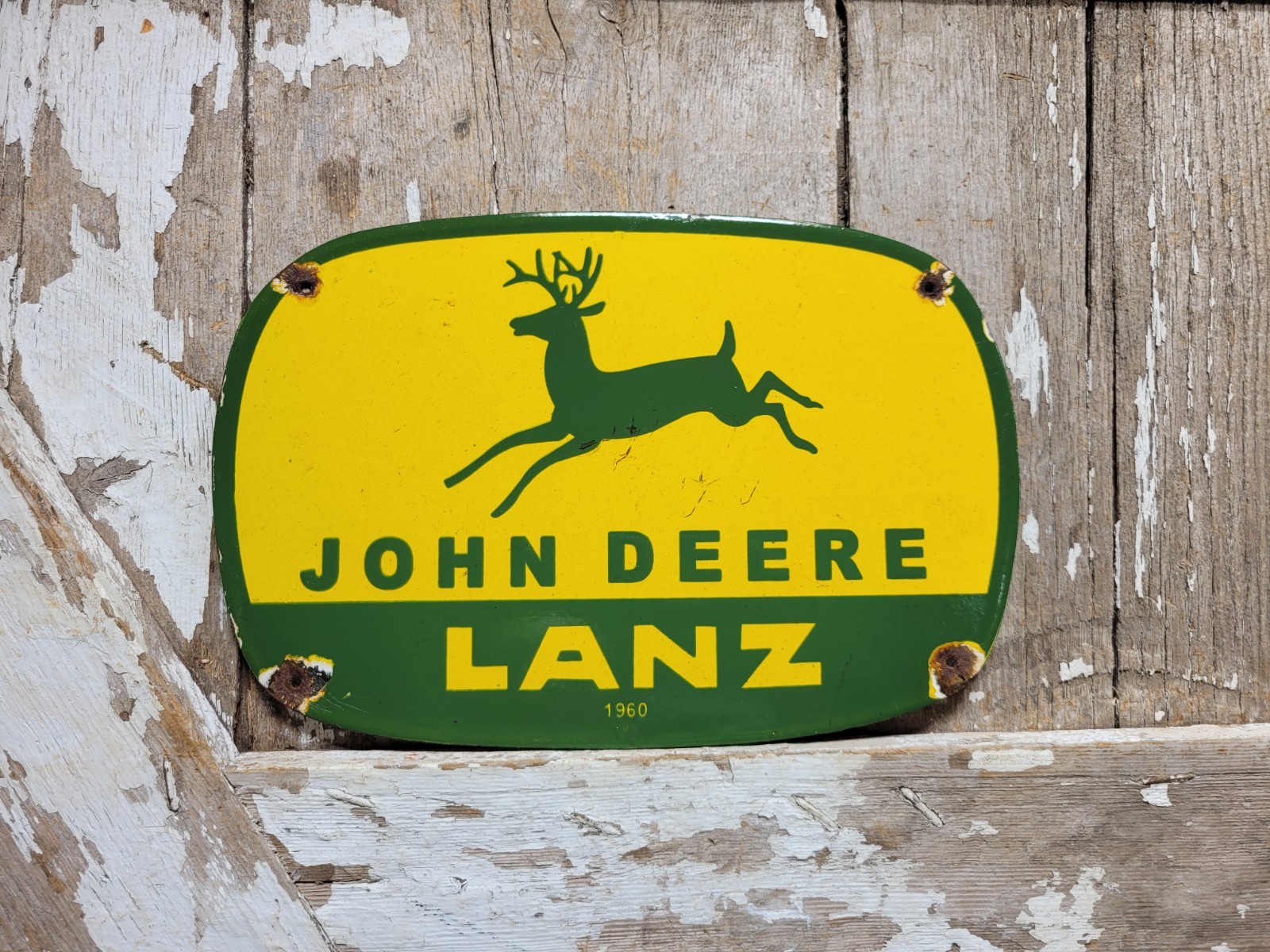 VINTAGE JOHN DEERE PORCELAIN SIGN OLD 1960 LANZ FARMING TRACTOR DEALER SALES 12″