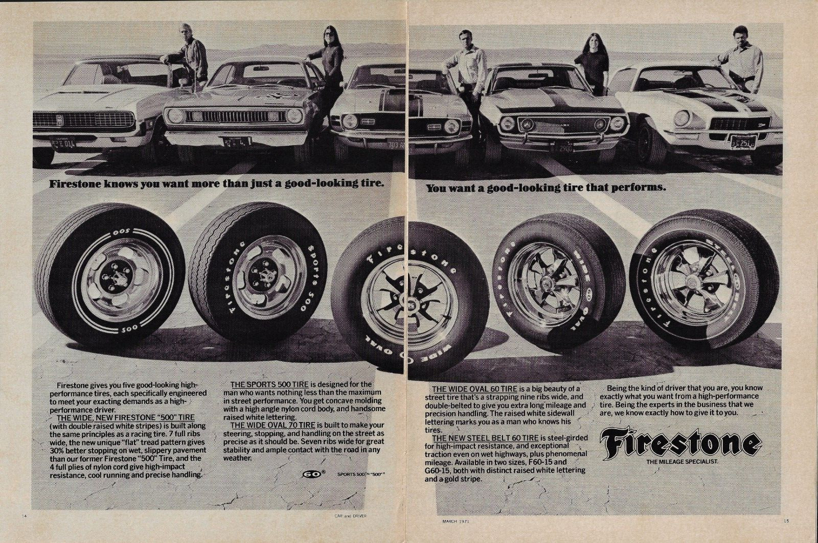 1971 Firestone Tires Mercury Dodge Ford AMX Chevy Z28 Camaro Vintage Print Ad