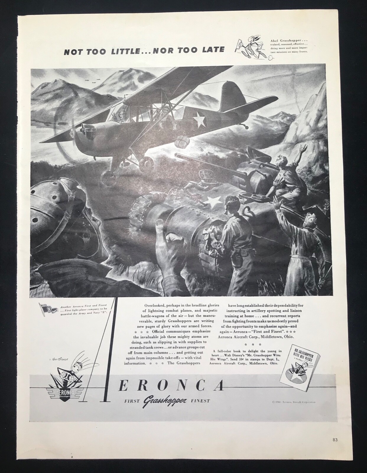 vintage 1943 large size mag print ad WW2 era Americana LIFE Aeronca Grasshoppers