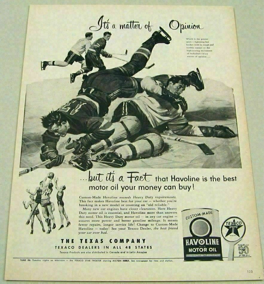 1952 Print Ad Texaco Havoline Oil Physical Hockey & Basketball Games