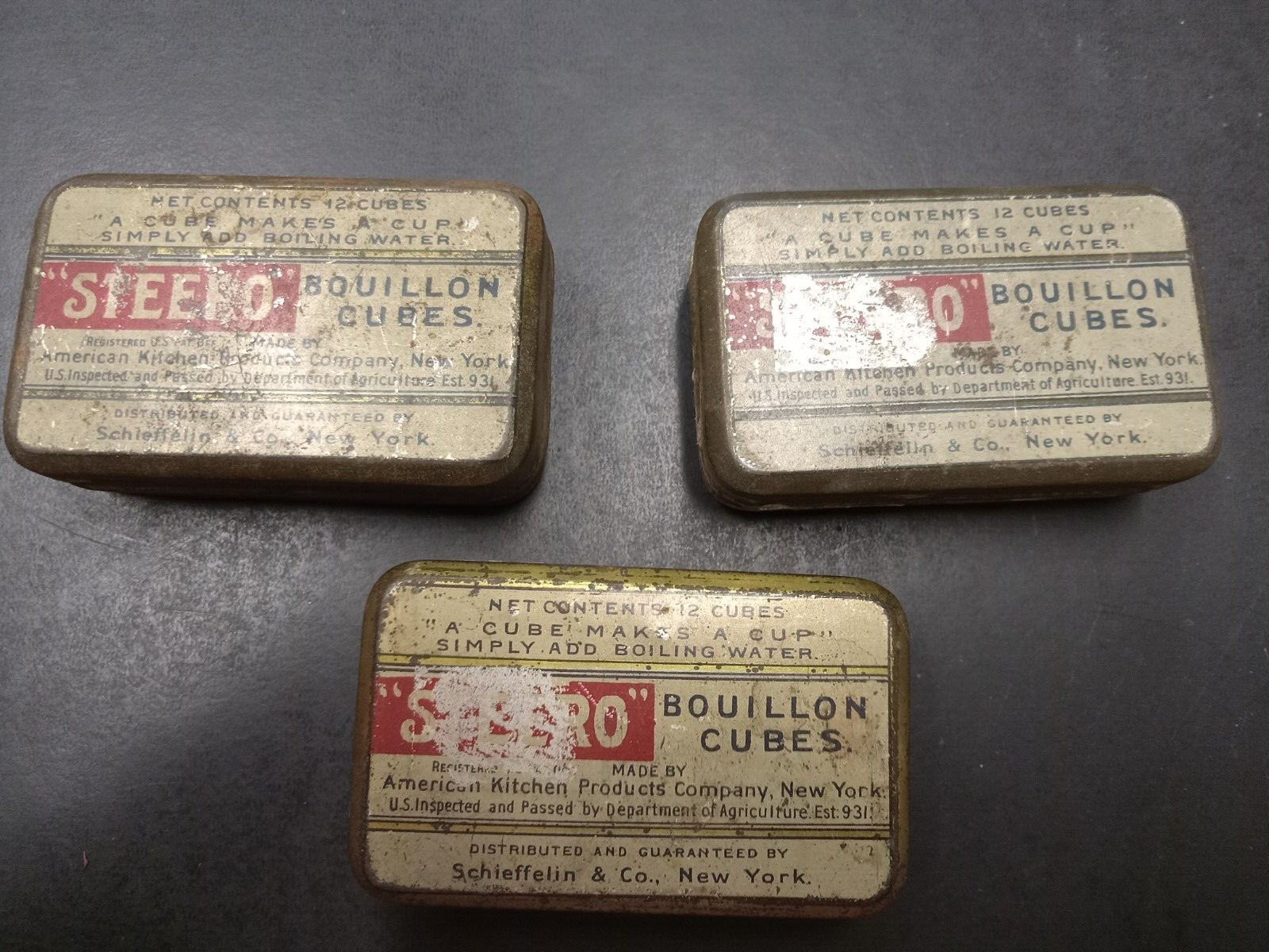 Antique STEERO Bouillon Cubes Tins Set of 3 1910s American Kitchen Products