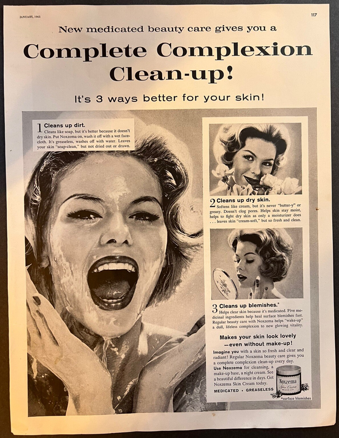 Vtg 1961 Print Ad Noxzema Medicated Skin Cream Ad. Complete Complexion Clean-up