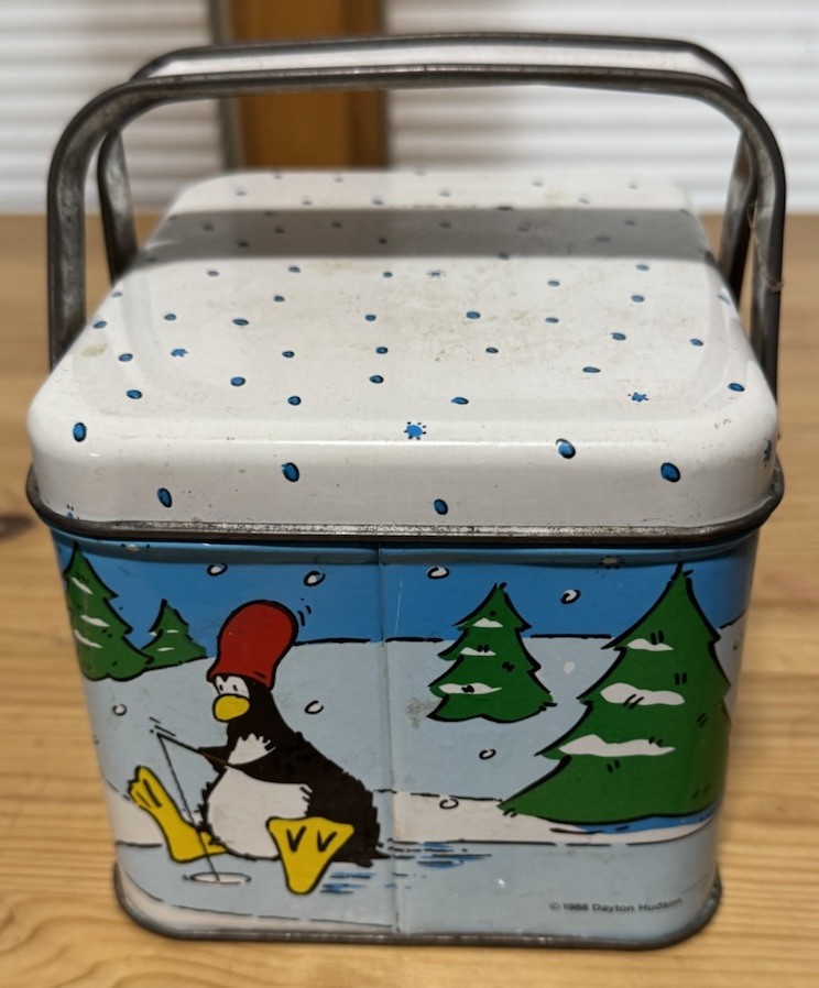 1988 Dayton Hudson Santabear Metal Cookie Tin Basket Handles Miss Bear Penguin