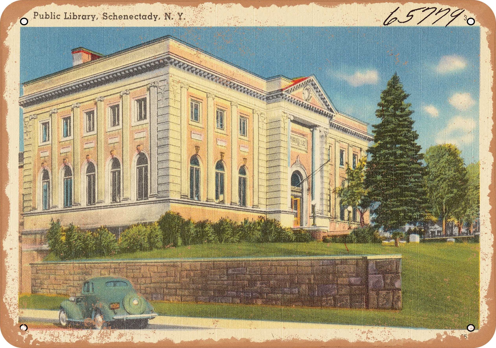 METAL SIGN – New York Postcard – Public library, Schenectady, N. Y.