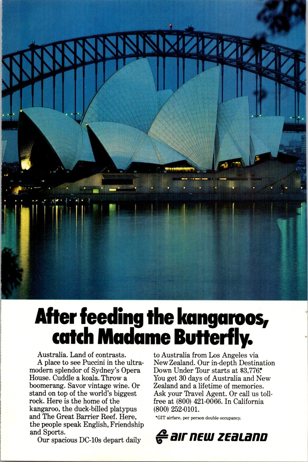 Air New Zealand Kangaroos and Madame butterfly Vintage Print Ad 1979