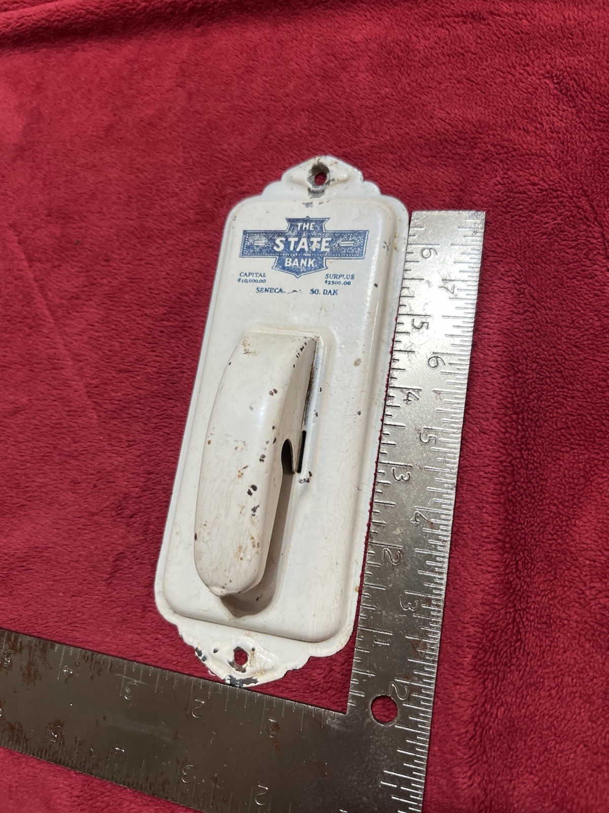 Vintage Advertising Metal w/ Ball Receipt Holder, The State Bank in Seneca, SD.