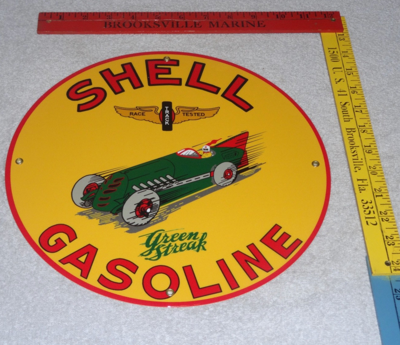 VINTAGE NOS SHELL GREEN STREAK GASOLINE RACECAR 11 3/4″ PORCELAIN METAL OIL SIGN