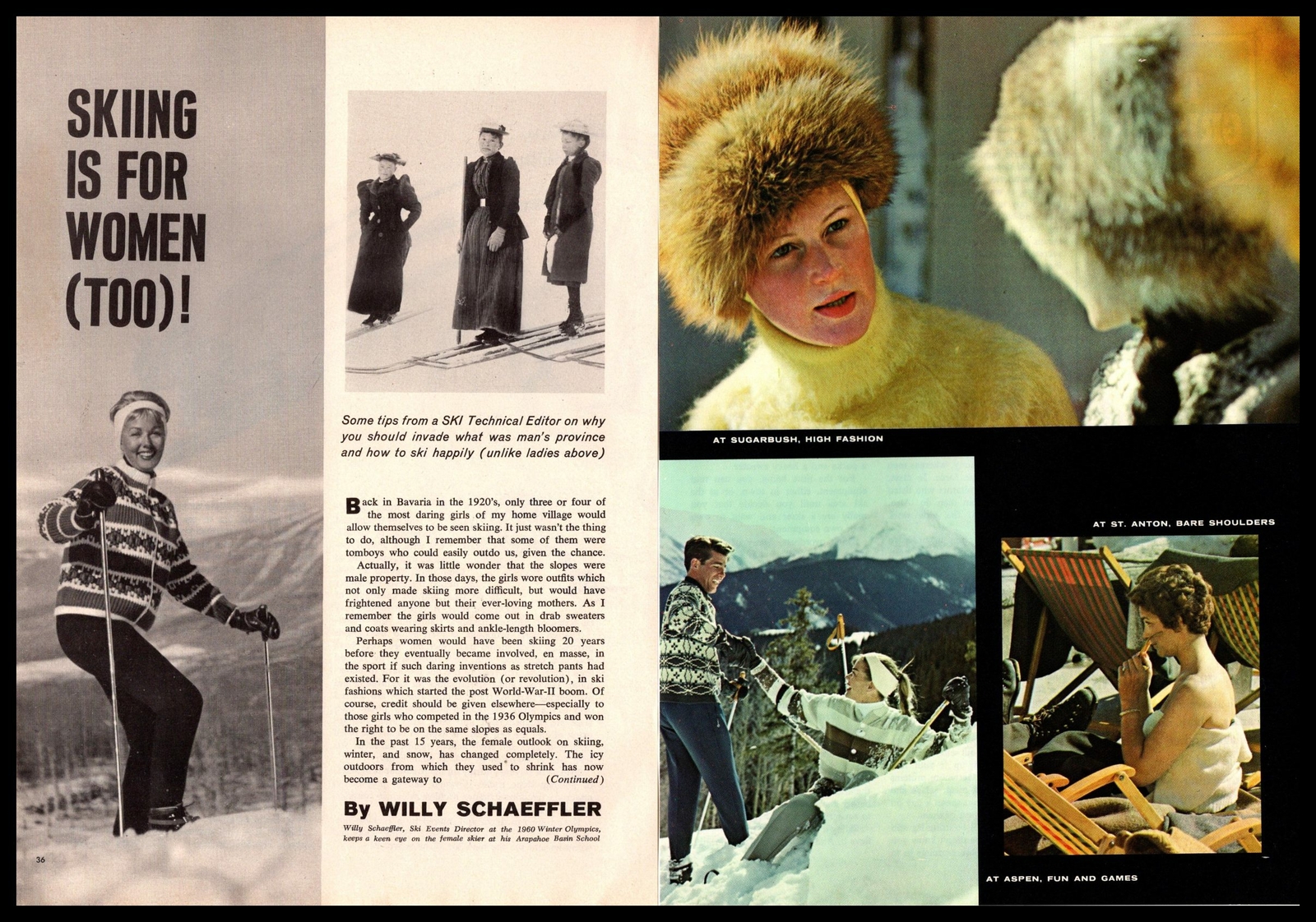 1961 Skiing Is for Woman Too Sugar Bush St. Anton Ski Article 2-Page Print Ad