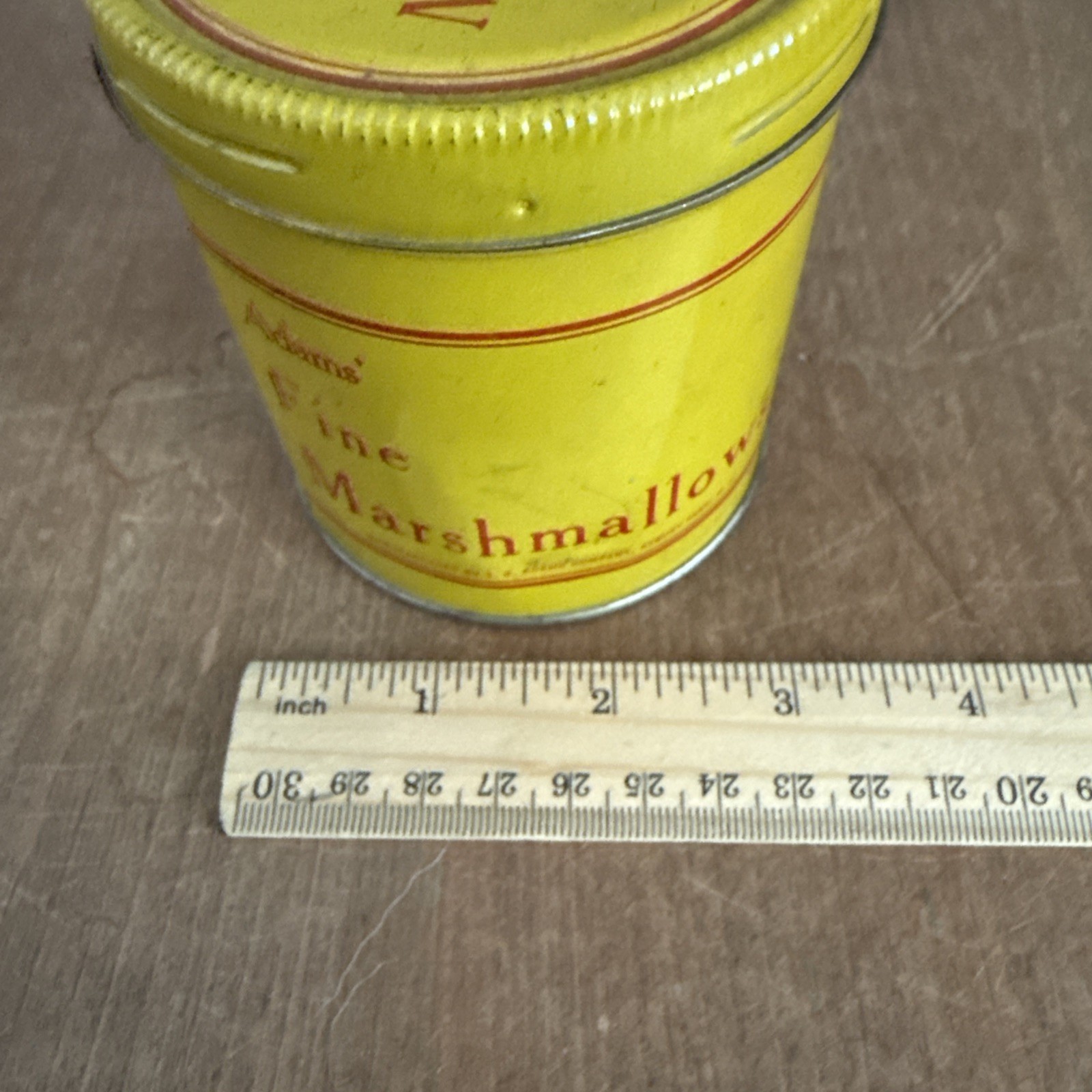 Vintage Yellow Tin Can Adams Fine Marshmallows Spring Pop-Out Snake Magic Trick