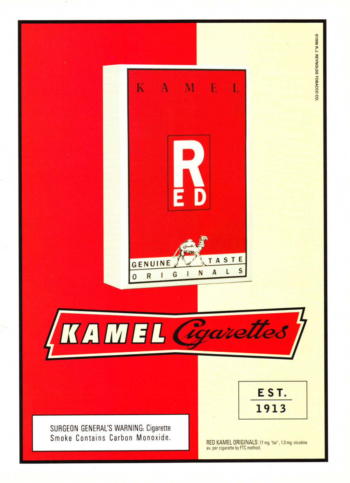 RED KAMEL CIGARETTE AD #1 RARE 1996 VINTAGE OUT OF PRINT