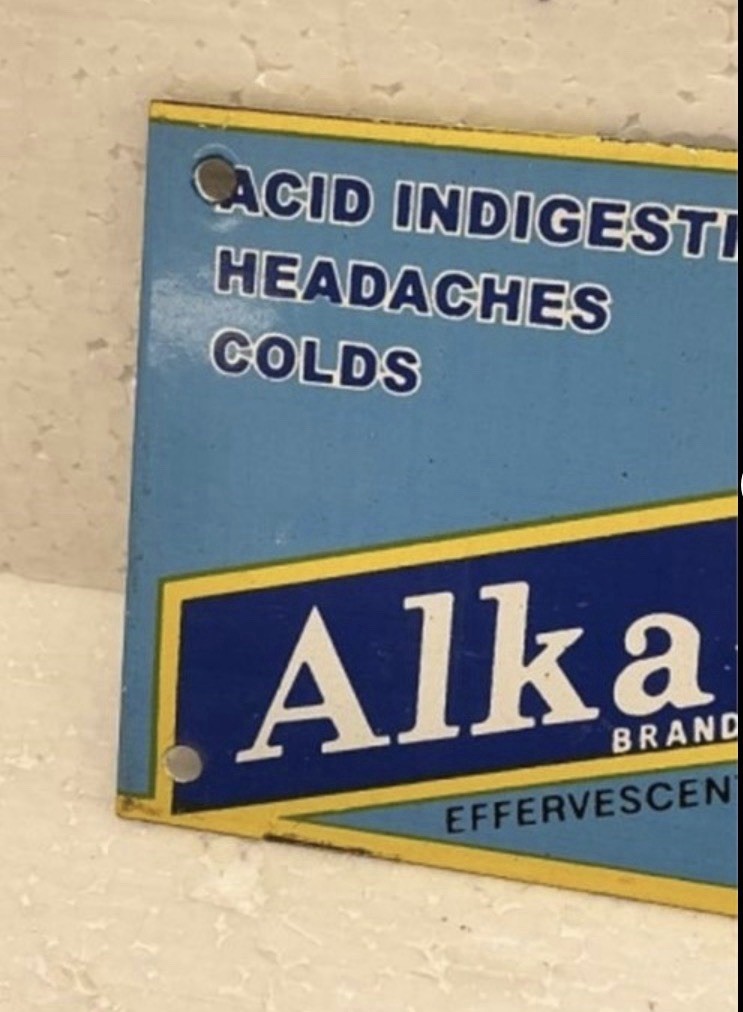 Alka-Seltzer Original Advertising Sign Metal Blue Yellow White