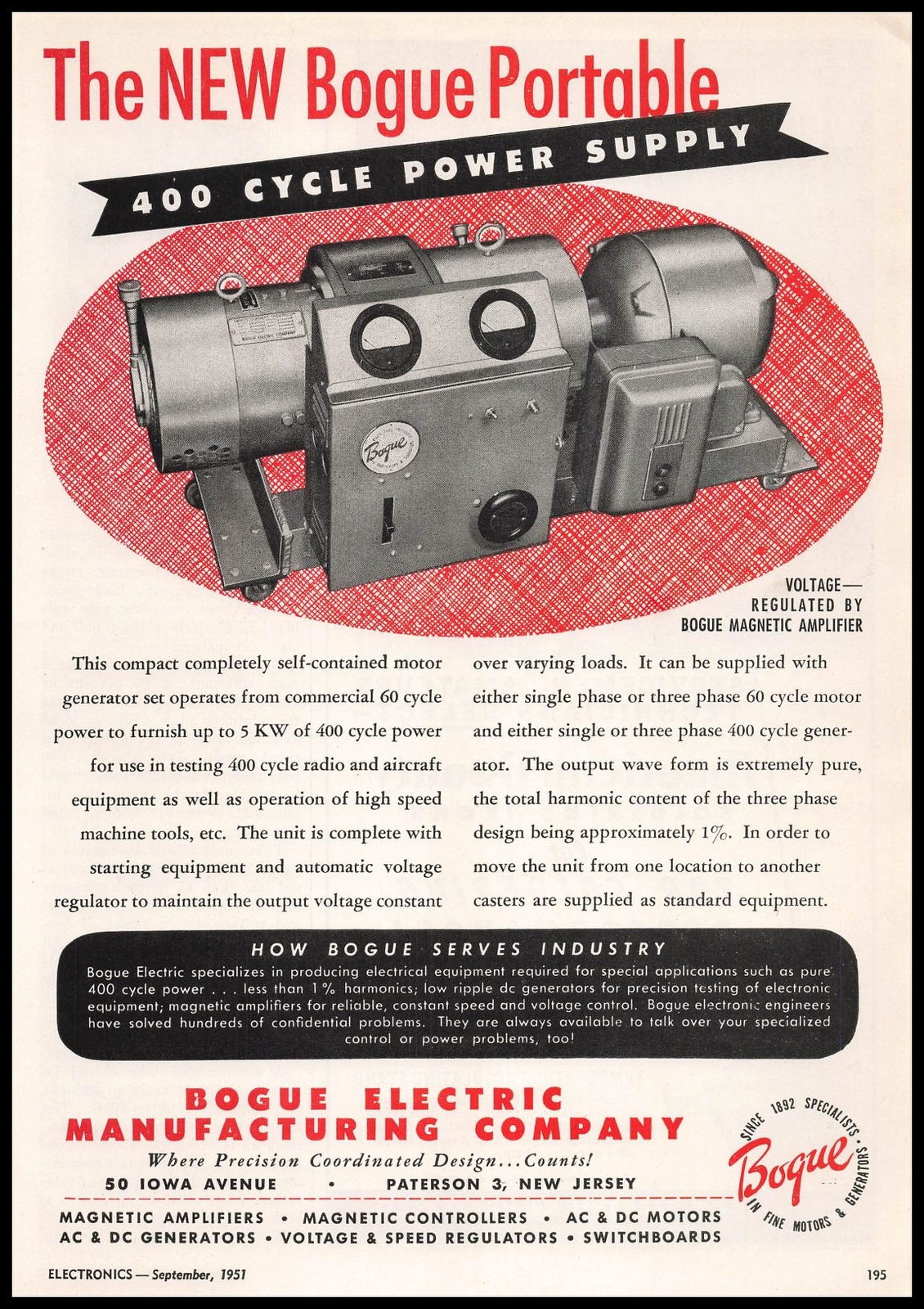1951 Bogue Electric Paterson New Jersey 400 Cycle Portable Power Supply Print Ad
