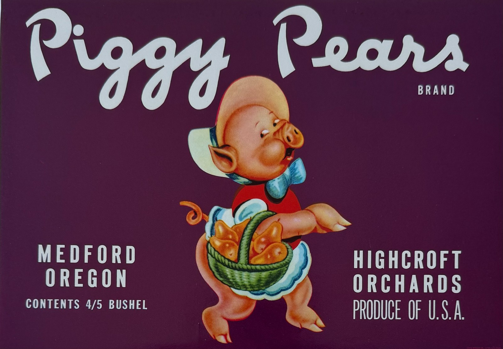 Vintage Piggy Pears Crate Label Pig Cartoon Medford Oregon 1940s Fruit Label
